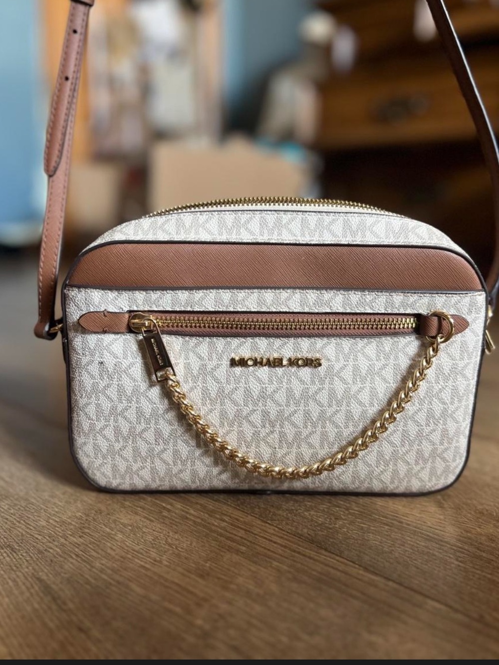 Michael Kors Cream and Brown Logo Crossbody with Gold Chain